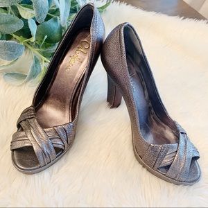 Cole Haas antique silver gunmetal open toe pumps